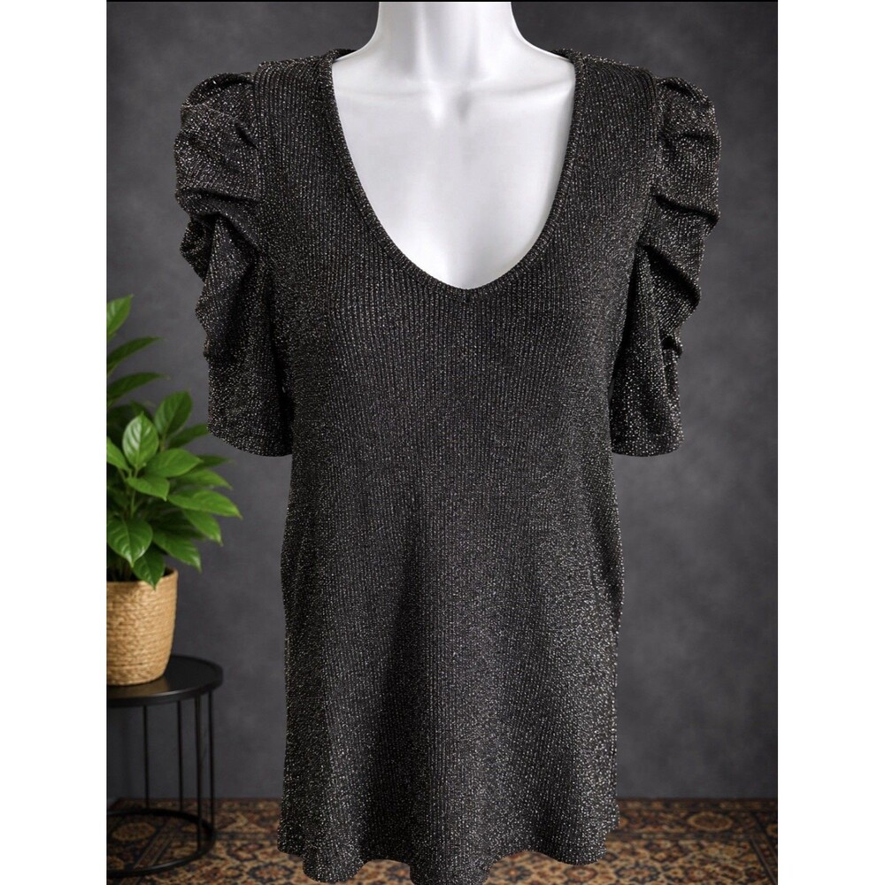 INC International Concepts L Metallic Silver Black Puff Sleeve Stretch Blouse